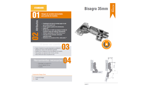 Bisagra Cazoleta 35 mm Codo 0 Ducasse STD - Imagen 2