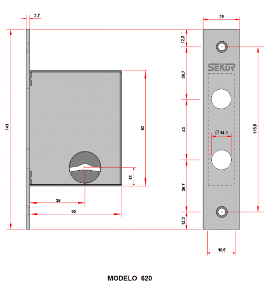 Cerrojo Doble Perno Sekur 620 - Imagen 2