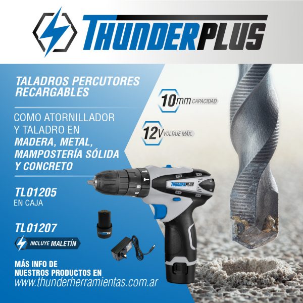Taladro Atornillador ThunderPlus 12V TL01205 Con Percutor - Imagen 3