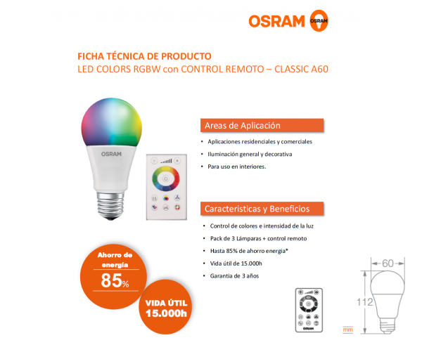 58846A.png Lampara Led Rgbw Osram 7.5w  E27  X 3 Ud + Control - Imagen 2