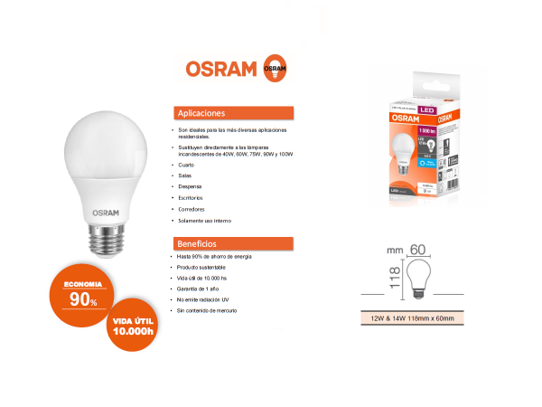 Lampara Led Value Classic 12w = 90w Osram 960lm - Imagen 2