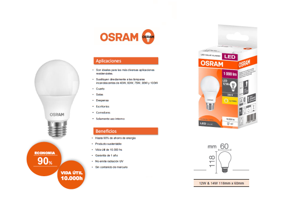 Lampara Led Value Classic 12w = 90w Osram 960lm - Imagen 2