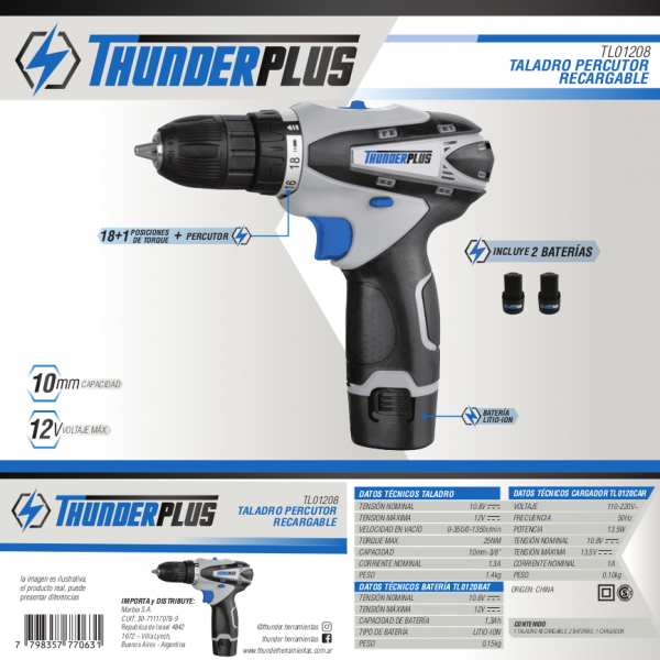 Taladro Atornillador ThunderPlus 12V TL01208 Con Percutor - Imagen 2