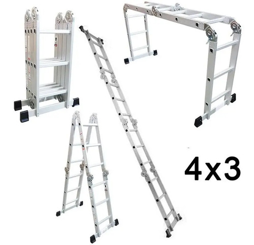 Escalera Alu Multifuncion 3.7 Mt Incluye Peldaño P/trabajo Plateado